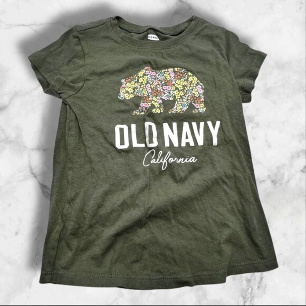 Old Navy Shirt Girls 3T Green‎ Short Sleeve Floral Bear California Print